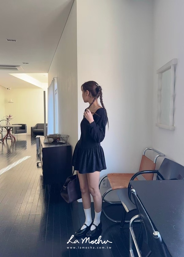 方領慵懶毛巾布短洋裝